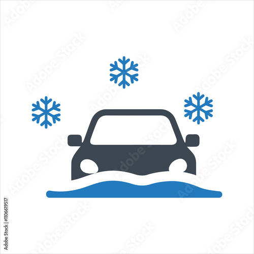 Car stuck in snow icon. Driving in deep snow icon