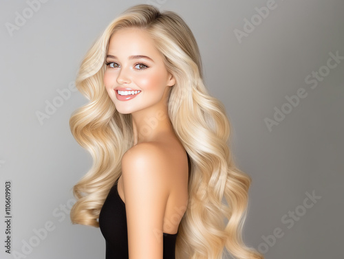 portrait of a blonde caucasian beauty model with trendy wavy long hairstyle