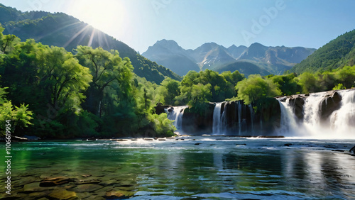 Natural waterfall in the middle of the mountain with wooden bridge walkway