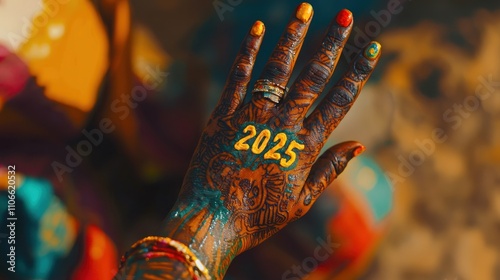 A vibrant henna tattoo design on a hand, prominently featuring the written text 