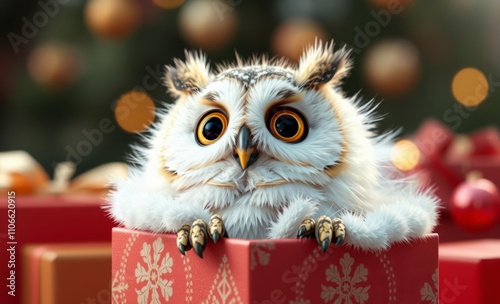 owl christmas Adorable baby owl peeking from christmas gift box  animal, decoration, season, bird photo