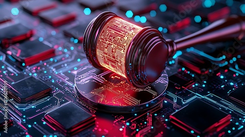 Law restriction framework. A digital gavel rests on a circuit board, symbolizing the intersection of law and technology with glowing elements in a futuristic style.