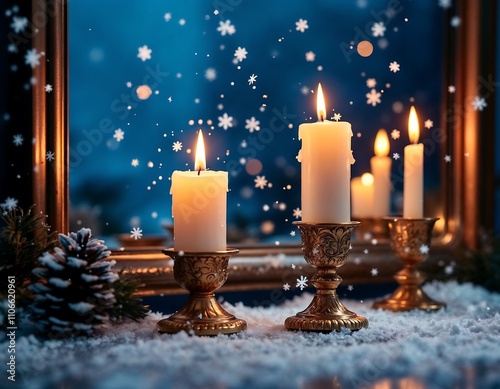 Celebrate Hanukkah 2025 with festive candles glowing in a serene winter setting adorned with snowflakes and pine cones. Generative AI photo