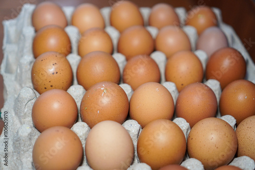 Close-up view of a carton filled with a dozen fresh brown eggs. A Dozen Brown Eggs in a Cardboard Carton.