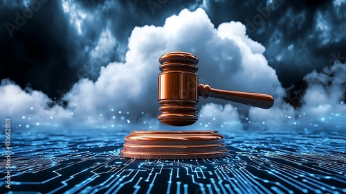 Law restriction framework. A digital gavel hovers over a circuit board, symbolizing the intersection of law and technology in a dramatic, cloud-filled backdrop.