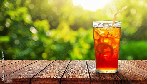 ice tea on wooden old table in garden, blurred green nature background, restaurant food menu