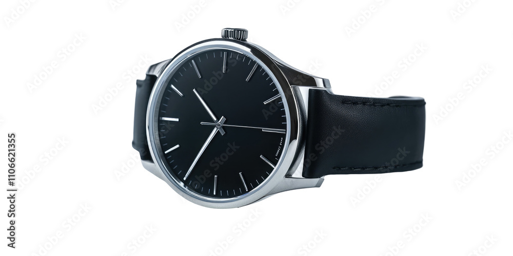 A modern and sleek black leather watch with silver trim, centered isolated on a PNG white background. Professional product photography A modern and sleek black leather watch with silver trim, centered isolated on a PNG white background. Professional product photography