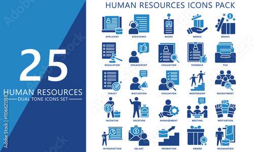 HR-human resources dual tone icons set. contain goal, applicant, training, motivation, employee, award, salary and more. Vector EPS 10 for print, digital UI, UX kit, web and app for office management.