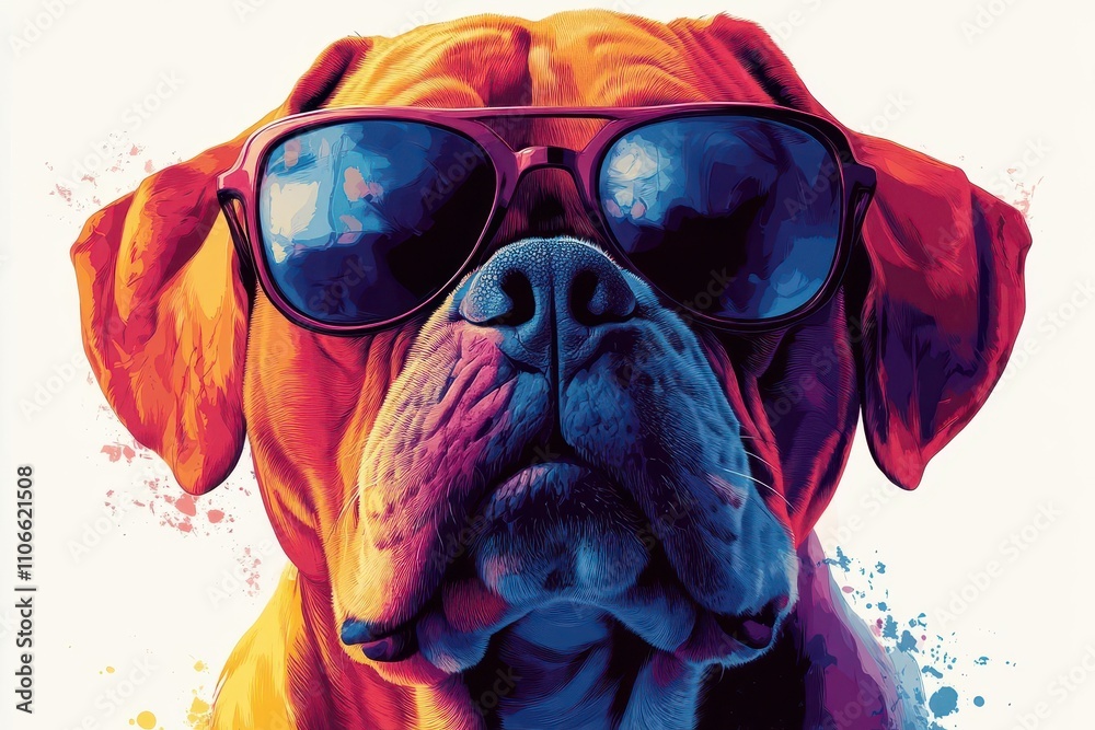 cartoon-style colorful bulldog wearing sunglasses against a clean white background, exuding a playful and quirky personality with vibrant hues and a fun, whimsical design