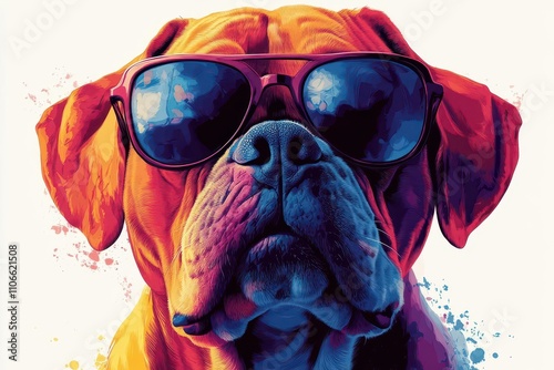 cartoon-style colorful bulldog wearing sunglasses against a clean white background, exuding a playful and quirky personality with vibrant hues and a fun, whimsical design