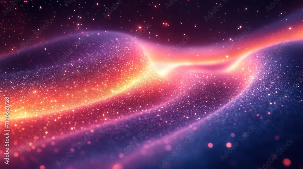 A vibrant cosmic scene featuring flowing waves of colorful light and sparkling particles against a dark background, evoking a sense of wonder and infinity.