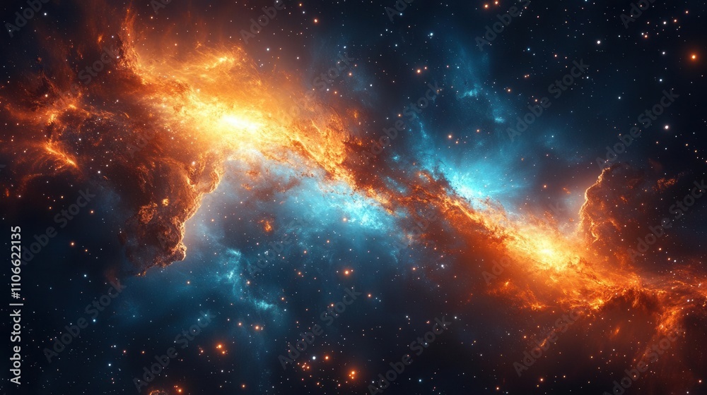 A vibrant cosmic scene showcasing a nebula with fiery orange and deep blue hues against a backdrop of stars. A vibrant cosmic scene showcasing a nebula with fiery orange and deep blue hues against a backdrop of stars.