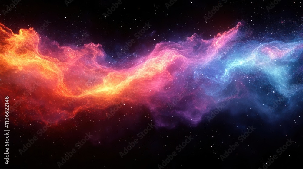 Fototapeta premium A vibrant cosmic nebula with swirling colors of red, orange, and blue against a dark, starry backdrop, evoking the beauty of deep space.