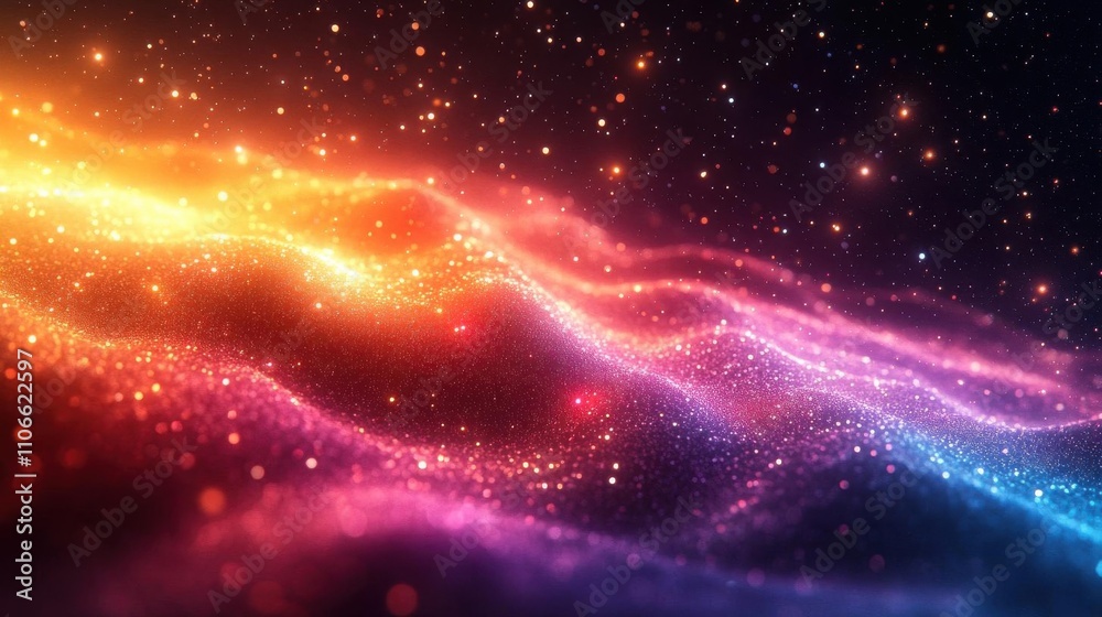 Fototapeta premium A vibrant, abstract image of flowing colors in shades of orange, pink, and blue, resembling a cosmic landscape filled with sparkling stars.