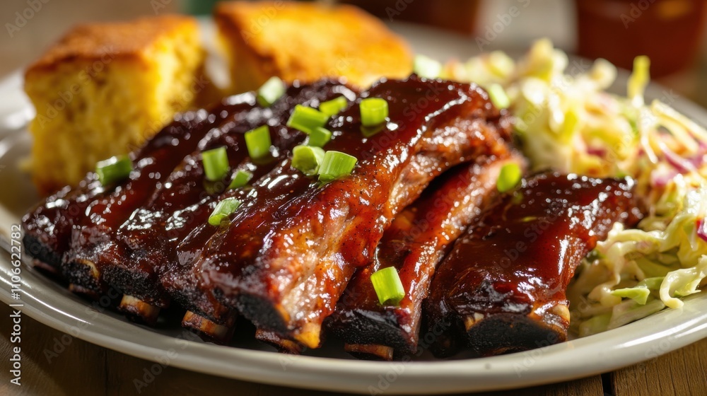 A mouthwatering plate of barbecue ribs glazed with a smoky sauce, served with cornbread and coleslaw, Rib plate centered A mouthwatering plate of barbecue ribs glazed with a smoky sauce, served with cornbread and coleslaw, Rib plate centered