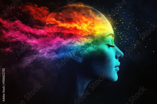 Woman's head surrounded by colorful smoke and stars, creating a mystical and vibrant atmosphere.