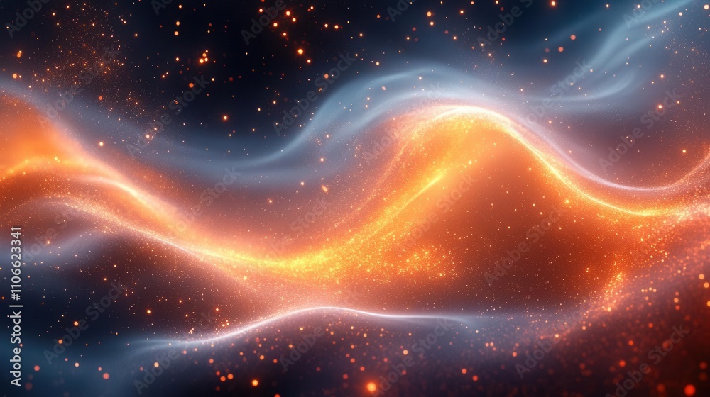 A vibrant cosmic scene featuring flowing waves of orange and blue, illuminated by sparkling stars in a dark, expansive background. A vibrant cosmic scene featuring flowing waves of orange and blue, illuminated by sparkling stars in a dark, expansive background.