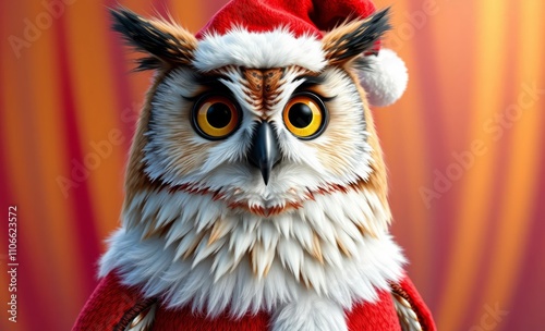 owl christmas Portrait of an owl dressed in a red santa claus costume in studio with colorful background  animal, decoration, season, bird photo