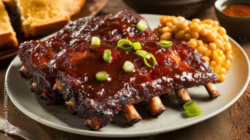 A mouthwatering plate of barbecue ribs glazed with a tangy sauce, served with corn on the cob and coleslaw, Rib plate centered photo