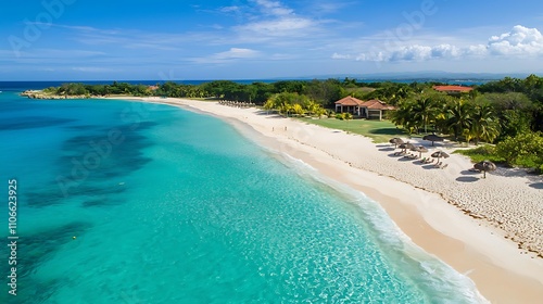 Aerial view of pristine beach with turquoise water 