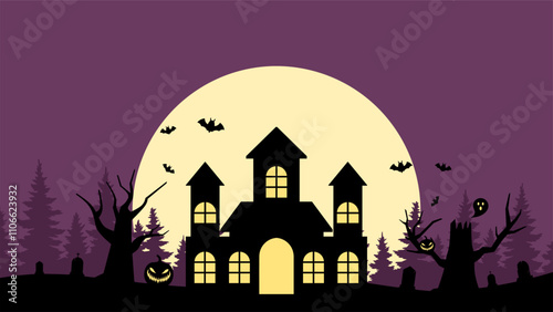 Landscape illustration of halloween haunted house at night