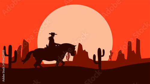 Landscape illustration of a cowboy riding a horse in the desert