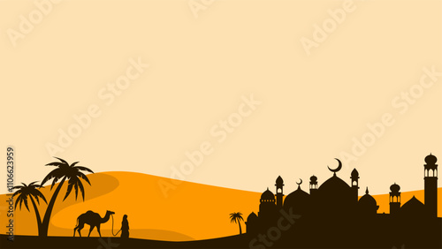 Landscape illustration of mosque silhouette and muslim traveler with camel