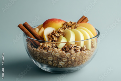 A bowl of granola topped with sliced apples and cinnamon, set on a wooden table near a window with soft morning light.