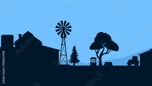 Landscape illustration of farmhouse silhouette and windmill