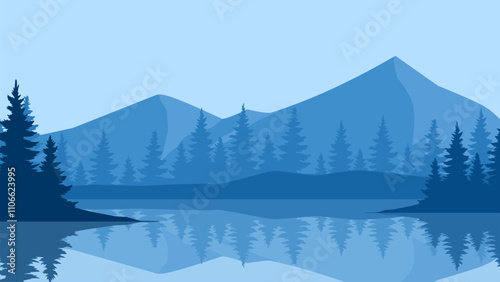 Landscape illustration of mountain with lake and coniferous trees