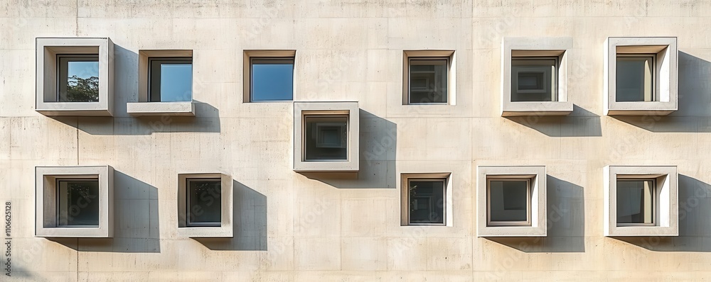 Abstract exterior wall with repetitive square windows, minimalistic architectural design highlighting patterns and shadows