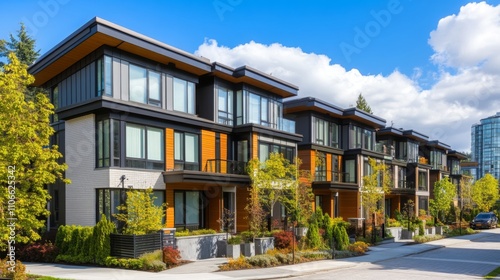 Multiple contemporary homes line a sunny street in a bustling urban area. Lush greenery and well-maintained landscaping enhance the appeal of this attractive residential community. photo