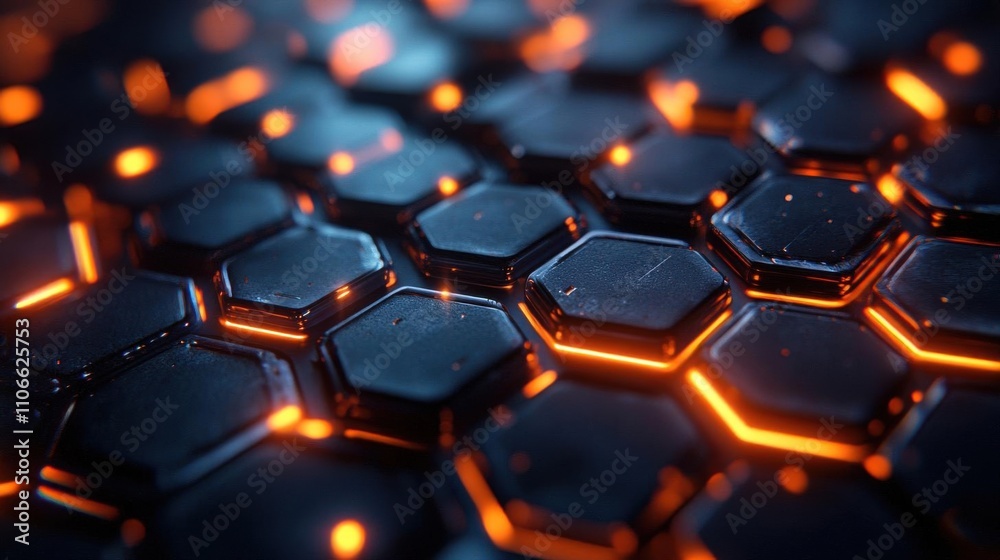 A close-up view of hexagonal patterns illuminated by glowing orange light against a dark, textured background. A close-up view of hexagonal patterns illuminated by glowing orange light against a dark, textured background.