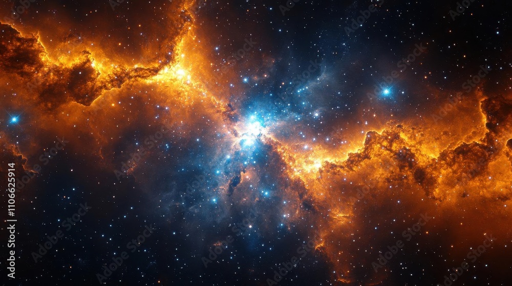 Fototapeta premium A vibrant cosmic scene showcasing swirling orange and blue nebulae scattered with bright stars against a dark backdrop.