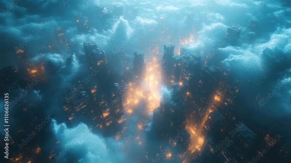 A dreamy cityscape shrouded in clouds, illuminated by glowing lights, creating a mystical atmosphere. A dreamy cityscape shrouded in clouds, illuminated by glowing lights, creating a mystical atmosphere.