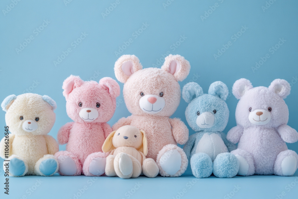 Group of teddy bears sitting in a row, varied colors and sizes, against a bright background, each holding a heart with a message. Group of teddy bears sitting in a row, varied colors and sizes, against a bright background, each holding a heart with a message.