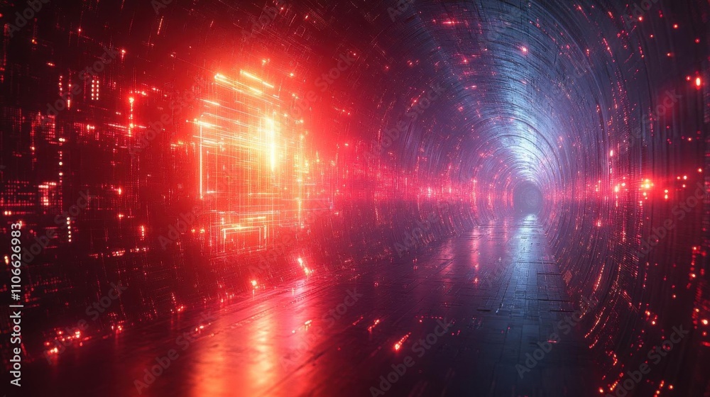 A vibrant digital tunnel illuminated with red and blue lights, creating a futuristic and abstract atmosphere. A vibrant digital tunnel illuminated with red and blue lights, creating a futuristic and abstract atmosphere.