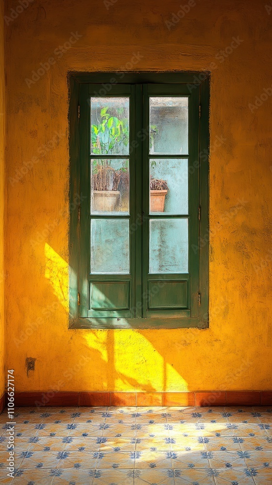 Sunlit Room With Green Window And Yellow Walls Sunlit Room With Green Window And Yellow Walls