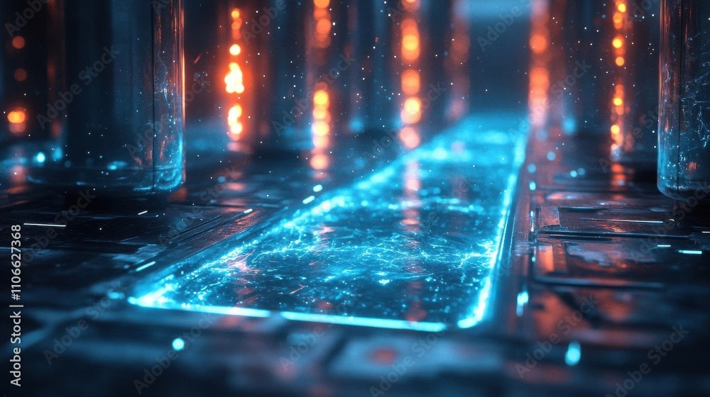 A glowing, futuristic pathway illuminated by vibrant blue and orange lights, surrounded by sleek, cylindrical structures in a dark setting. A glowing, futuristic pathway illuminated by vibrant blue and orange lights, surrounded by sleek, cylindrical structures in a dark setting.