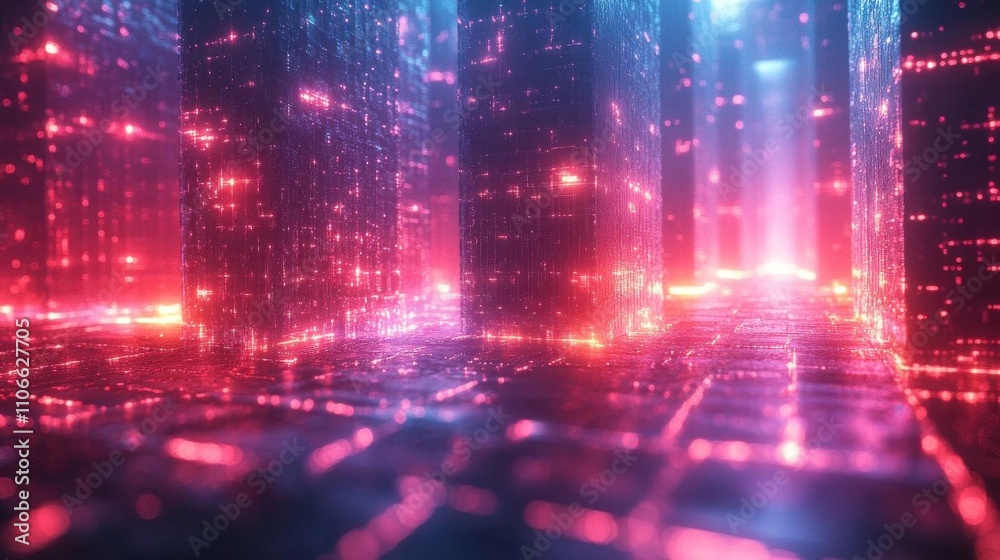 A futuristic digital landscape illuminated by vibrant red and blue lights, creating a mesmerizing pathway through a matrix-like structure. A futuristic digital landscape illuminated by vibrant red and blue lights, creating a mesmerizing pathway through a matrix-like structure.