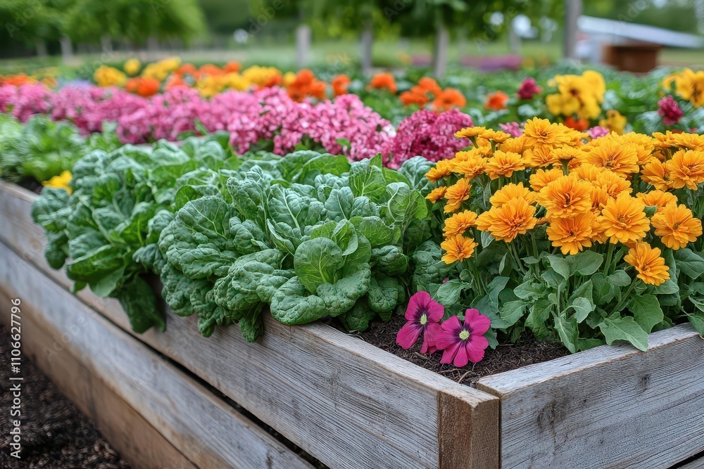 Fototapeta premium community garden bursting with colorful vegetables and flowers in full bloom, symbolizing unity and the joy of nature in a vibrant spring setting