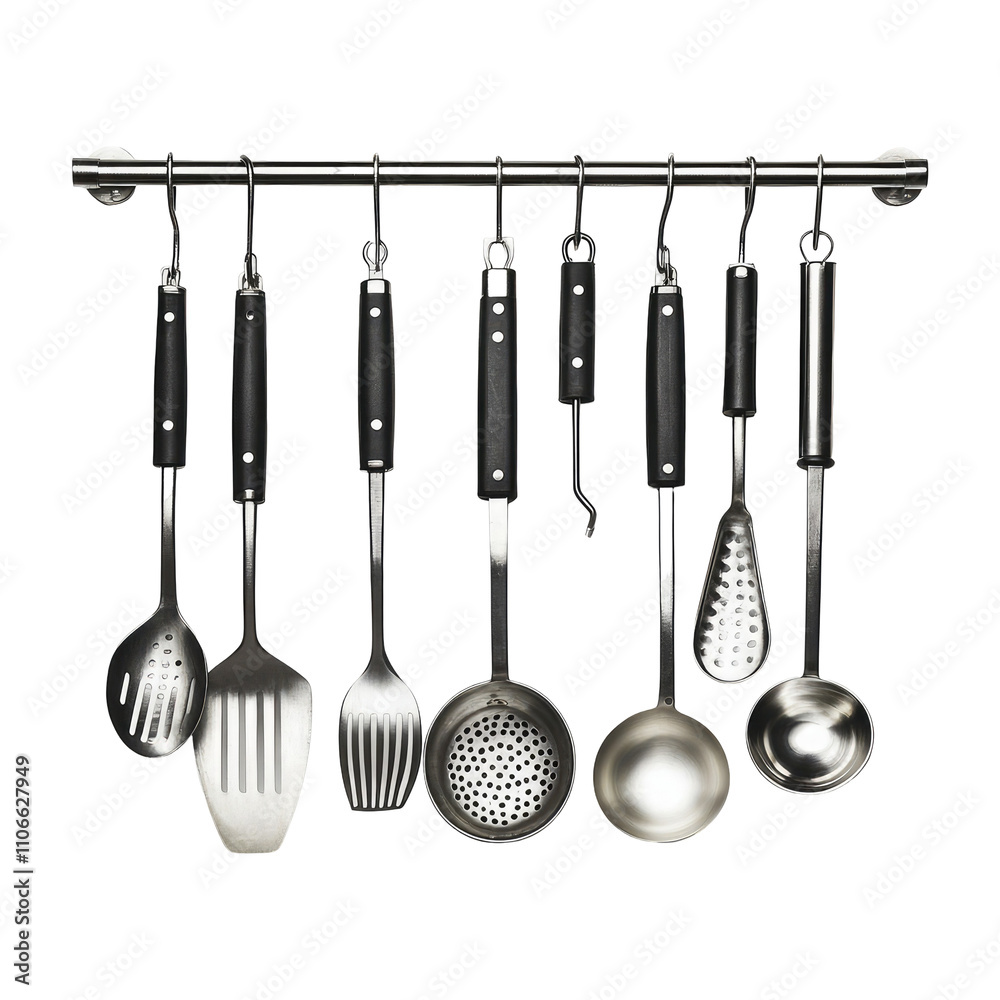 A set of kitchen utensils hanging on a wall with a stainless steel bar, isolated against a white background A set of kitchen utensils hanging on a wall with a stainless steel bar, isolated against a white background