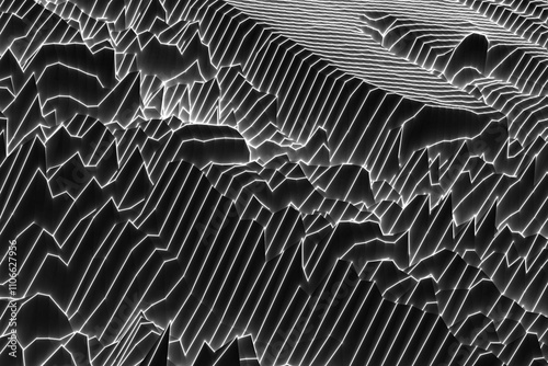 a series of white lines on a dark background, forming an abstract representation reminiscent of topographic or contour lines, creating a sense of depth and dimension.