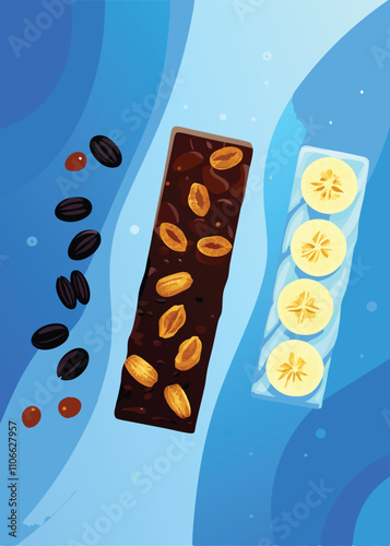 Design a vibrant vector banner showcasing assorted healthy granola bars, emphasizing their wholesome ingredients and nutritional benefits for a snack.