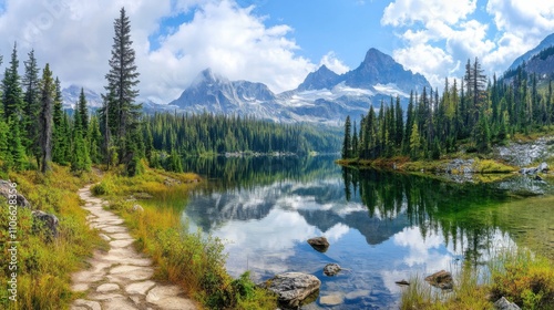 Scenic Mountain Landscape with Reflective Lake and Lush Green Forest Under Clear Blue Skies and Majestic Peaks in the Background