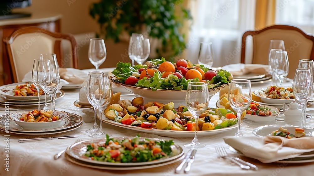 A beautifully set dining table with a variety of dishes including roasted vegetables, salad, and a centerpiece bowl of fruit A beautifully set dining table with a variety of dishes including roasted vegetables, salad, and a centerpiece bowl of fruit
