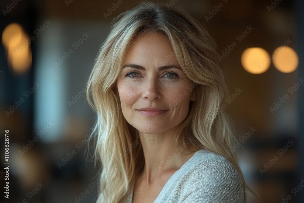 confident middle-aged blonde businesswoman, smiling and looking away from the camera, set against a warm, inviting office background, exuding professionalism and approachability confident middle-aged blonde businesswoman, smiling and looking away from the camera, set against a warm, inviting office background, exuding professionalism and approachability