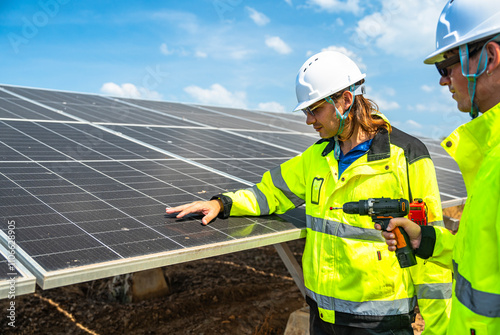 Two engineers wearing safety helmets and reflective jackets inspect a solar panel installation. One uses a drill tool, while the other checks the panel surface under a bright, sunny sky.