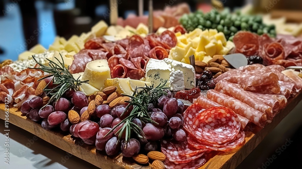 A wooden board laden with assorted cheeses, cured meats, grapes, almonds, and rosemary sprigs. A wooden board laden with assorted cheeses, cured meats, grapes, almonds, and rosemary sprigs.