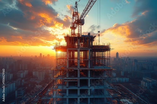 construction site showing a large residential building under development, with a metal structure rising against a beautiful sunset backdrop, symbolizing progress and urban growth